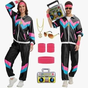 80s Costume Black Tracksuit with Pink and Blue Accents New